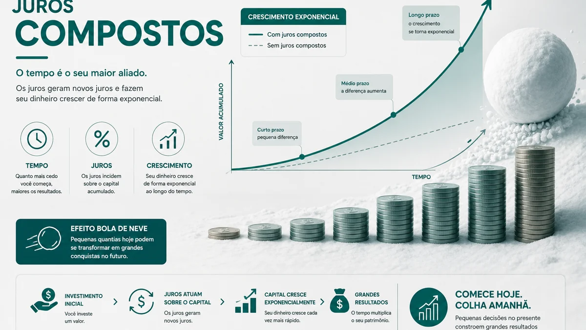 Ilustração editorial (Financeiro): Juros compostos: guia prático para investimentos — Meu Valor Líquido