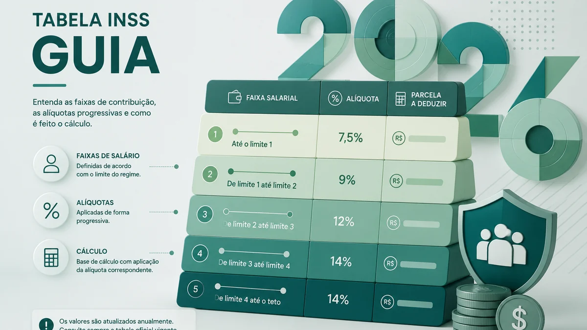 Ilustração editorial (Fiscal): Tabela INSS 2026: faixas, alíquotas e teto — Meu Valor Líquido