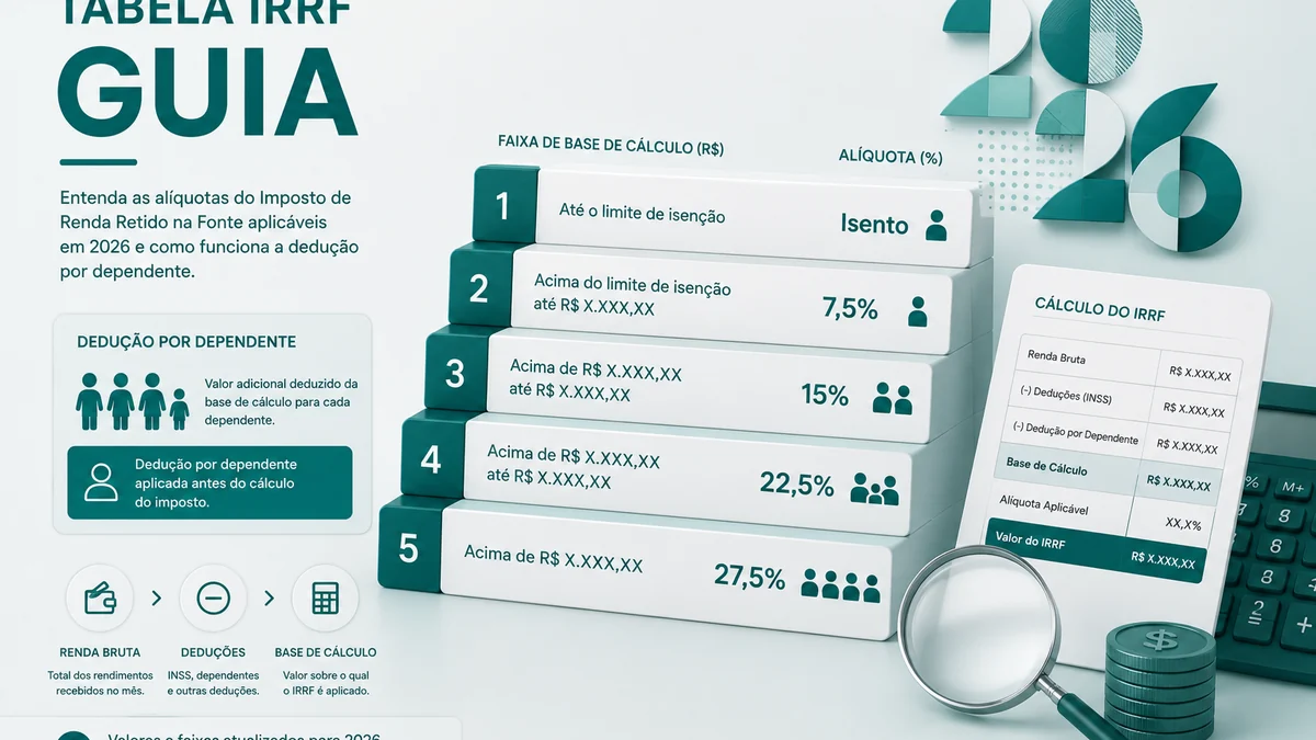 Ilustração editorial (Fiscal): Tabela IRRF 2026: faixas e deduções — Meu Valor Líquido